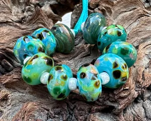 10 Teal Green Mosaics Lampwork Beads Set SRA