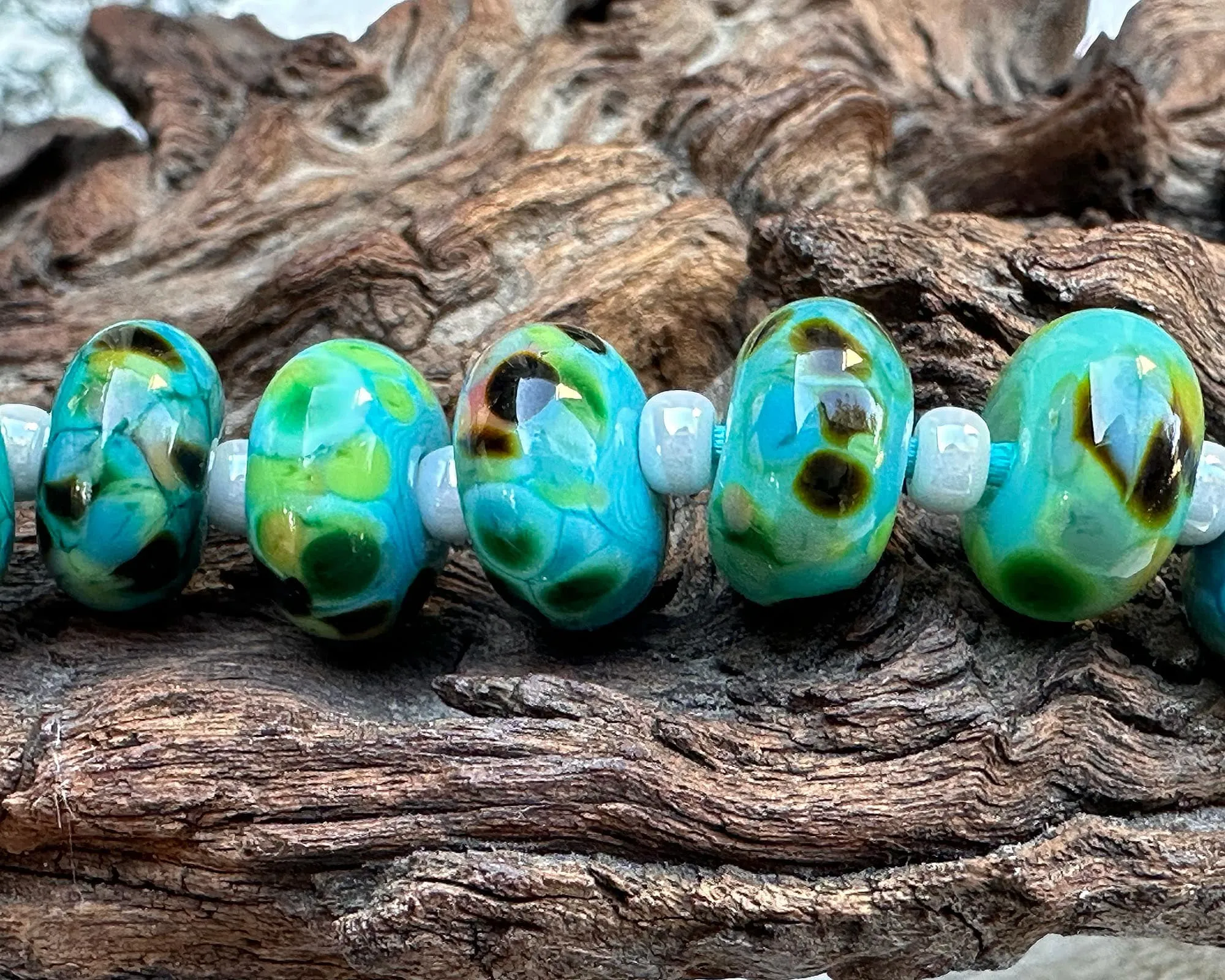 10 Teal Green Mosaics Lampwork Beads Set SRA