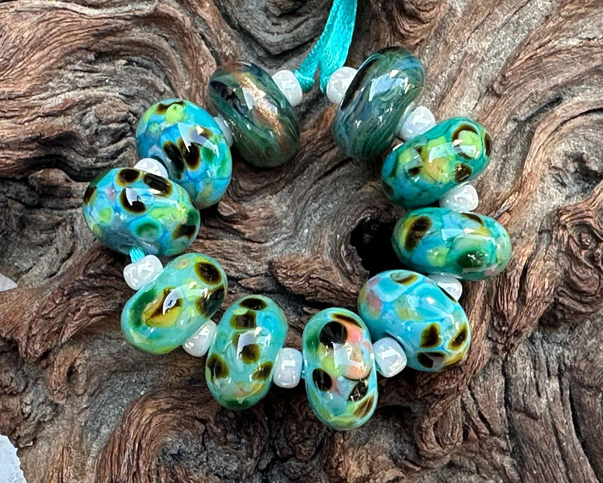 10 Teal Green Mosaics Lampwork Beads Set SRA