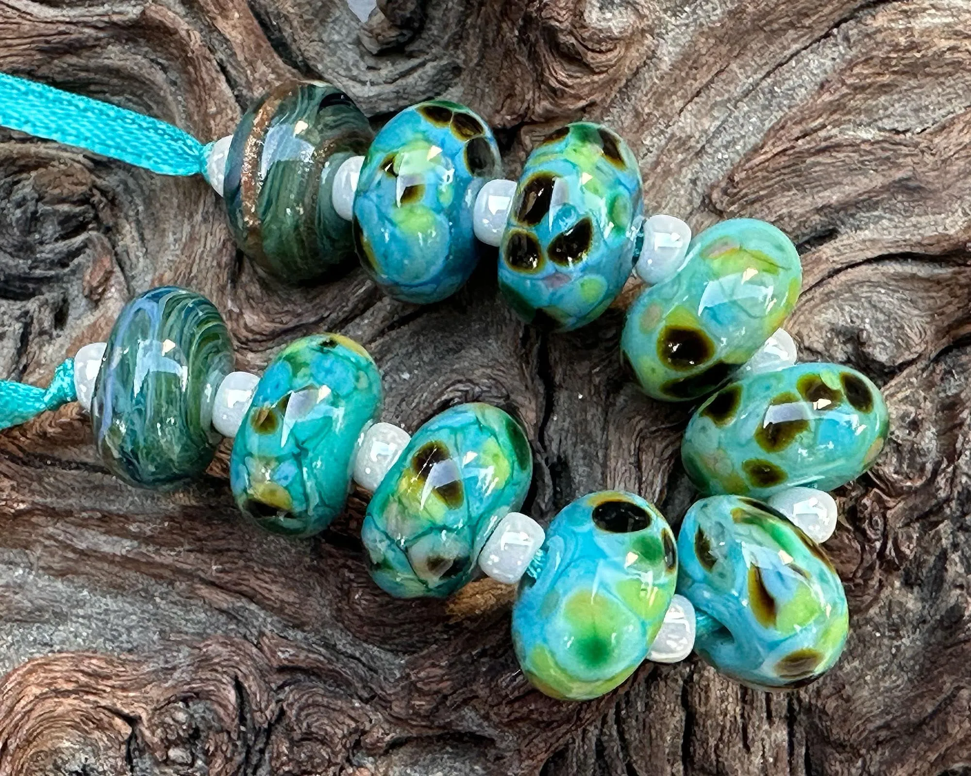 10 Teal Green Mosaics Lampwork Beads Set SRA