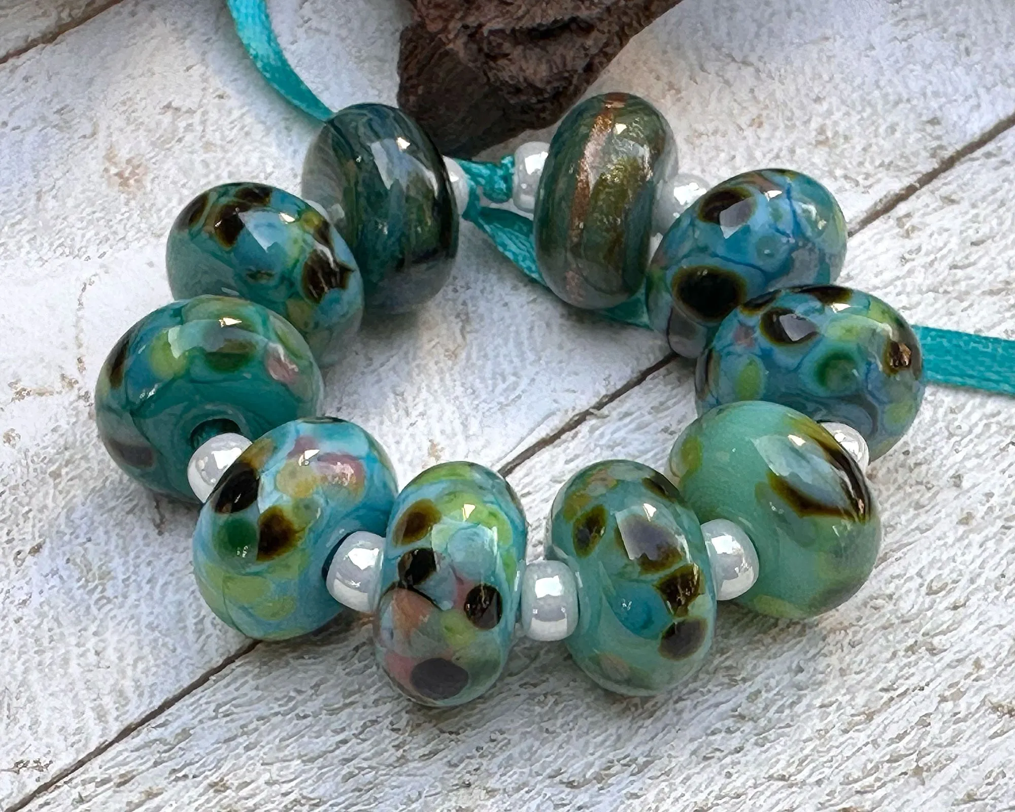 10 Teal Green Mosaics Lampwork Beads Set SRA