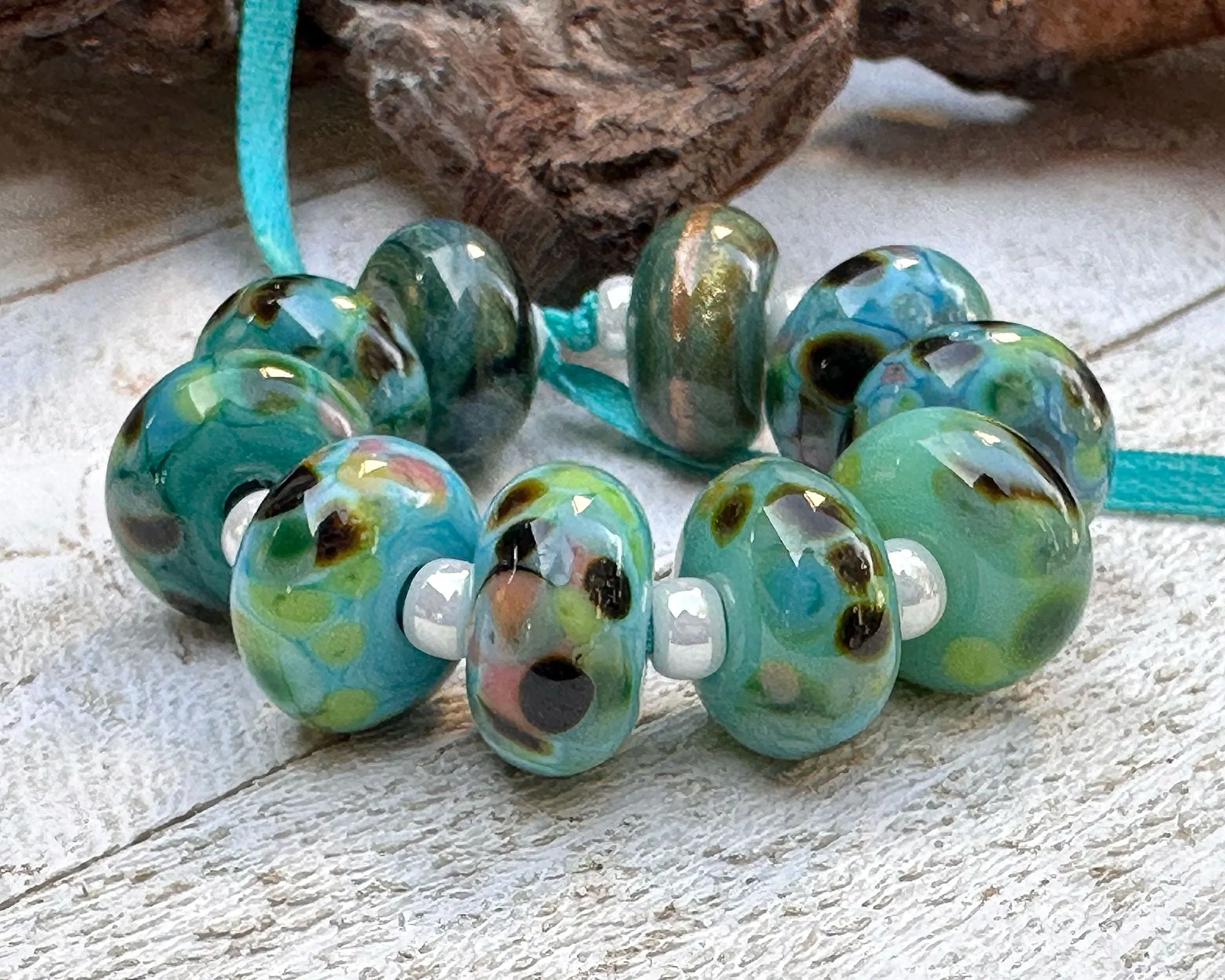 10 Teal Green Mosaics Lampwork Beads Set SRA