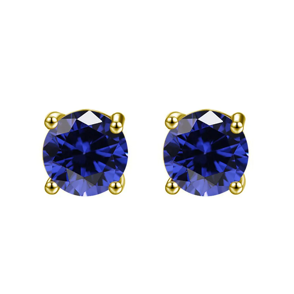 10k Yellow Gold Plated 2 Ct Round Created Blue Sapphire Stud Earrings