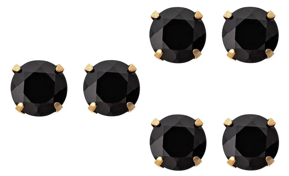 10k Yellow Gold Plated Created Black Sapphire 2 Carat Round Pack of Three Stud Earrings