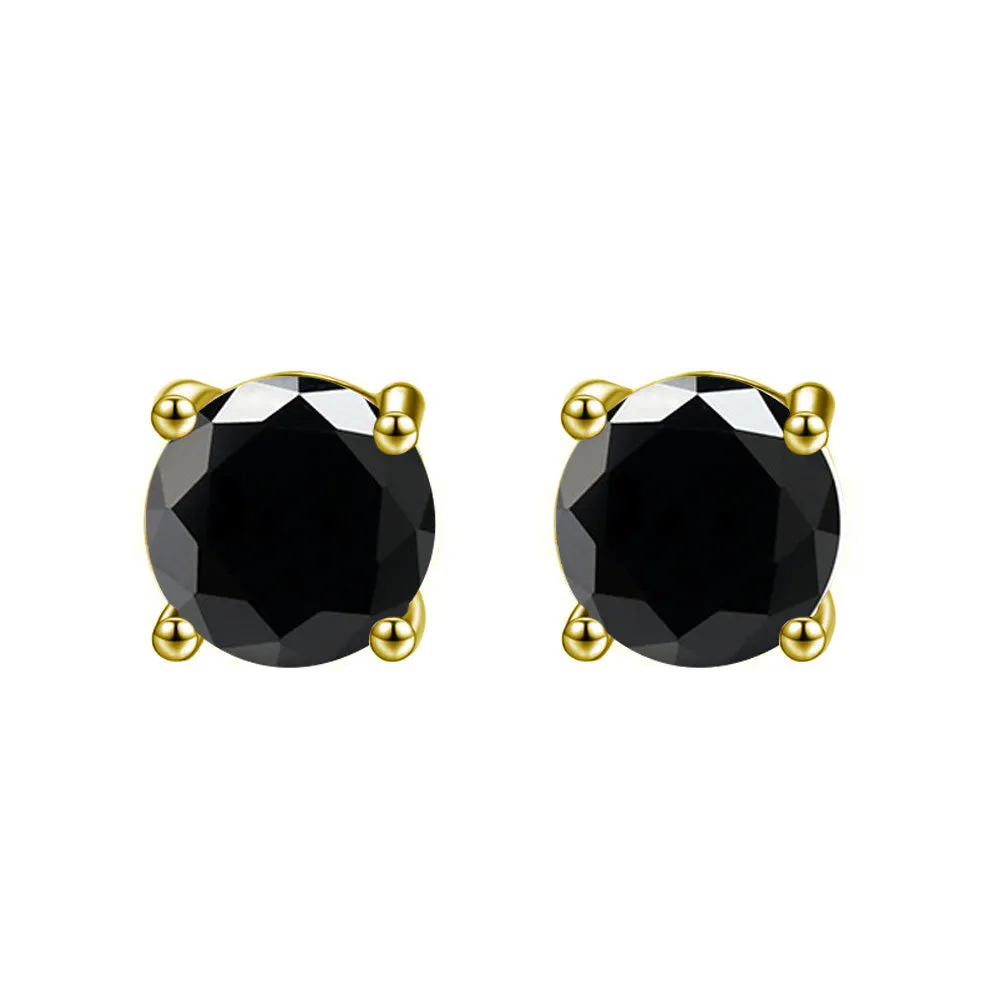 10k Yellow Gold Plated Created Black Sapphire 2 Carat Round Stud Earrings