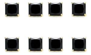 10k Yellow Gold Plated Created Black Sapphire 4 Carat Princess Cut Pack of Four Stud Earrings