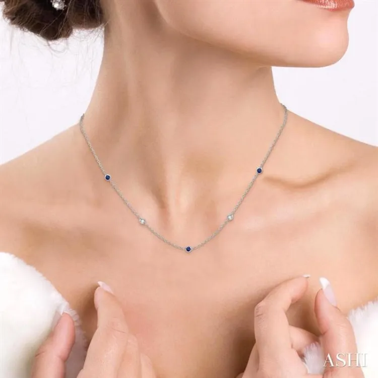 1/2 ctw Round Cut Diamond and 2.85MM Sapphire Precious Station Necklace in 14K White Gold