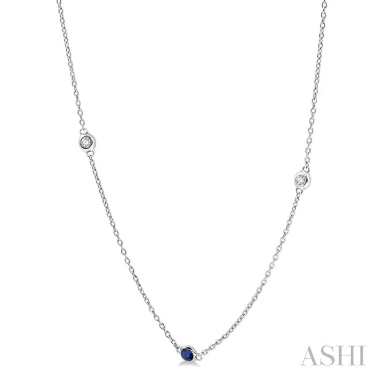 1/4 ctw Round Cut Diamond and 2.25MM Sapphire Precious Station Necklace in 14K White Gold