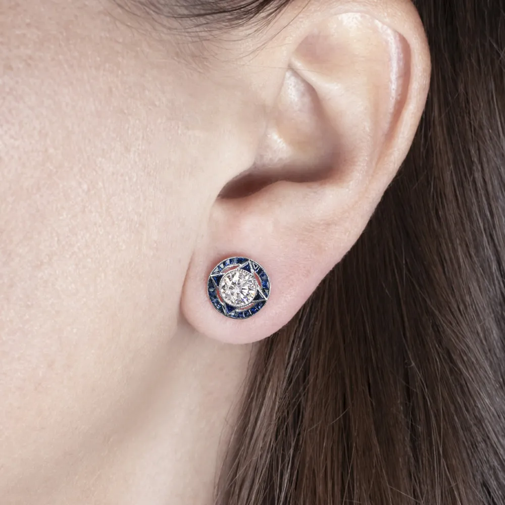 1.40ct DIAMOND SAPPHIRE STUD EARRINGS VINTAGE STYLE TARGET CALIBRE NATURAL ROUND