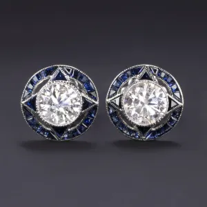 1.40ct DIAMOND SAPPHIRE STUD EARRINGS VINTAGE STYLE TARGET CALIBRE NATURAL ROUND