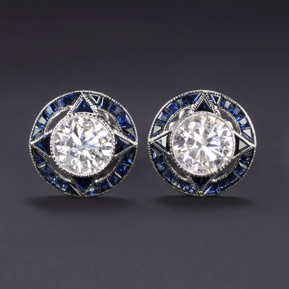 1.40ct DIAMOND SAPPHIRE STUD EARRINGS VINTAGE STYLE TARGET CALIBRE NATURAL ROUND