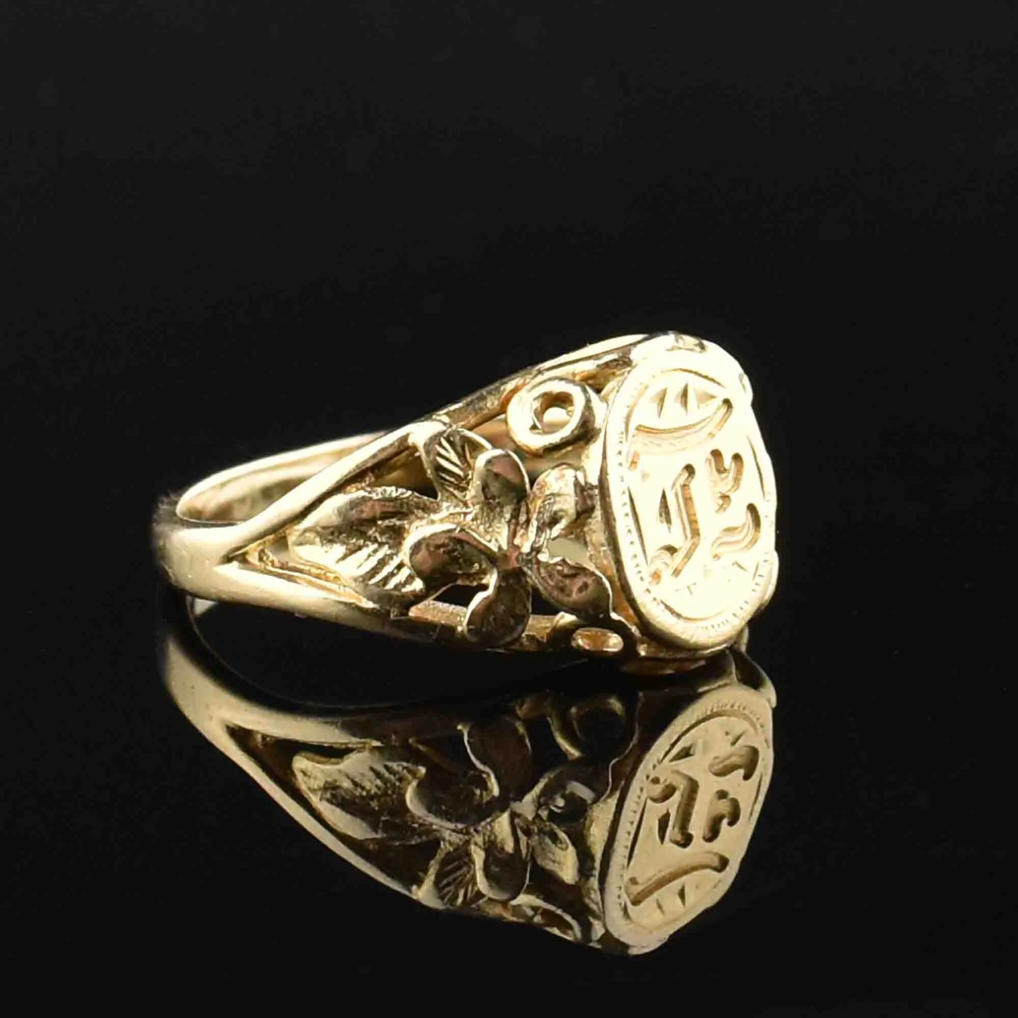 14K Gold Initial Forget Me Not Signet Ring