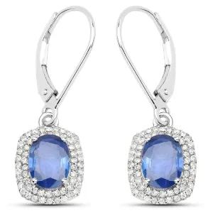 14K White Gold 2.36 Carat Genuine Blue Sapphire and White Diamond Earrings