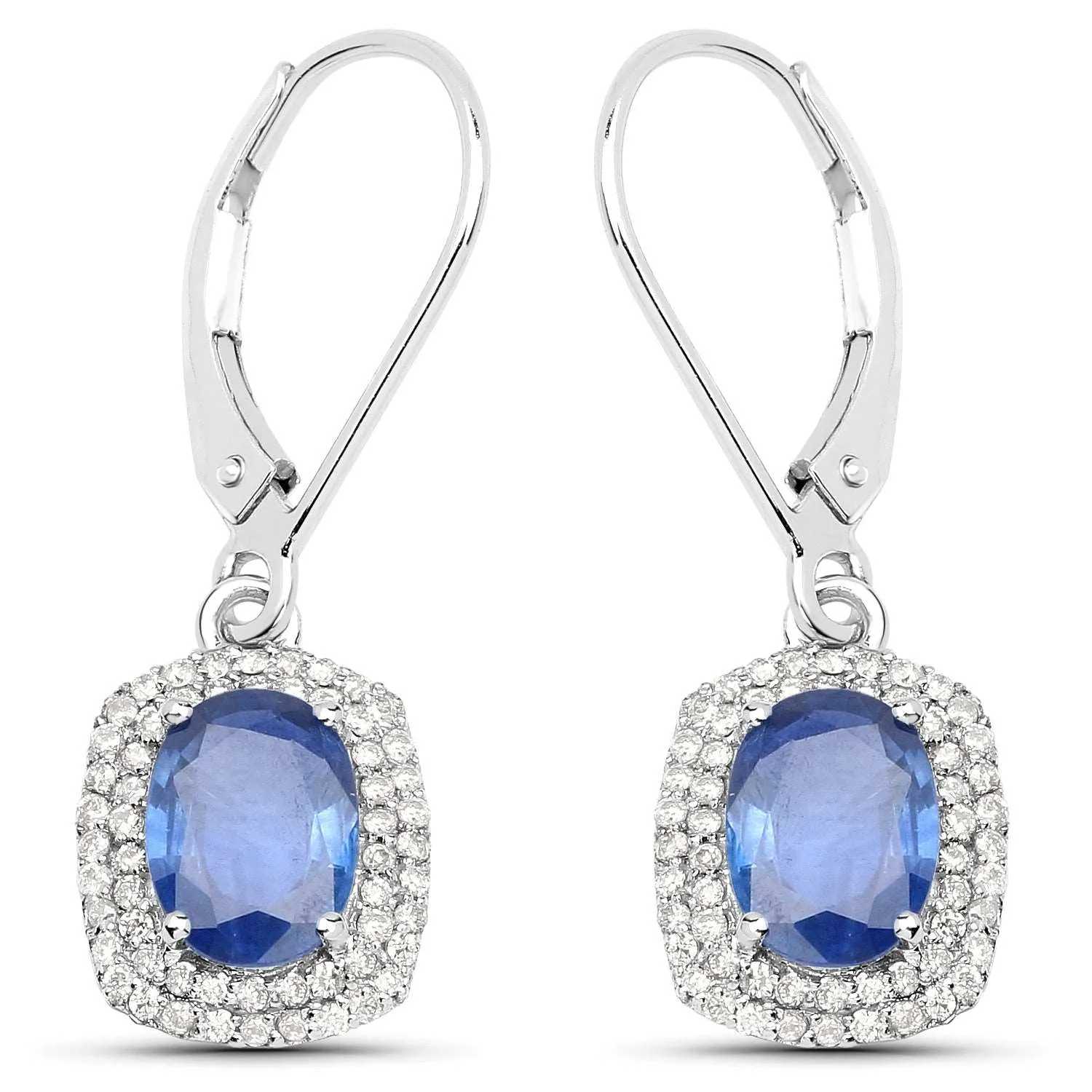 14K White Gold 2.36 Carat Genuine Blue Sapphire and White Diamond Earrings