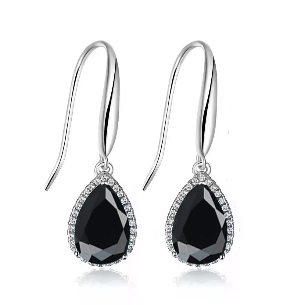 14k White Gold Plated 1 Ct Created Black Sapphire Teardrop Earrings