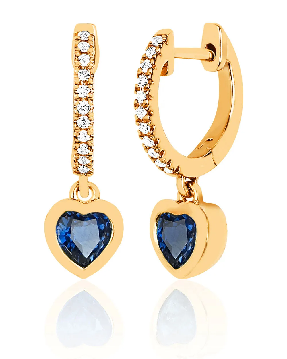 14k Yellow Gold Diamond and Blue Sapphire Huggie Heart Drop Earrings