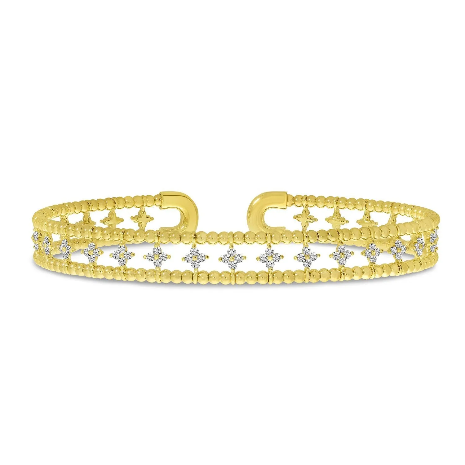 14K Yellow Gold Double Row Flower Diamond Flexible Cuff Bracelet