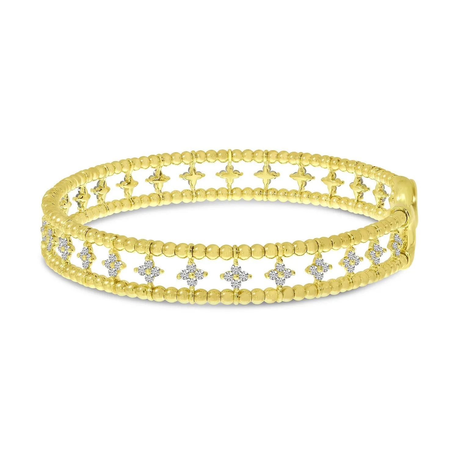 14K Yellow Gold Double Row Flower Diamond Flexible Cuff Bracelet