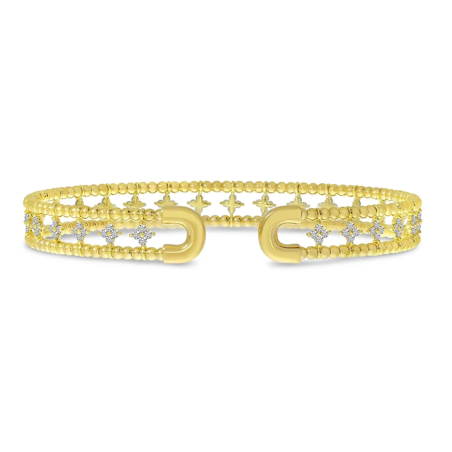 14K Yellow Gold Double Row Flower Diamond Flexible Cuff Bracelet