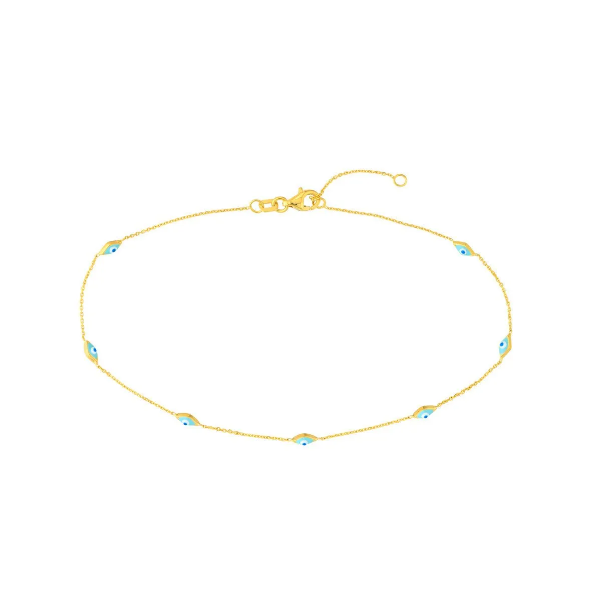 14K Yellow Gold Enamel Evil Eye Station Chain Anklet