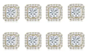 14k Yellow Gold Plated 1/2Ct Princess Cut White Sapphire Set of Four Halo Stud Earrings