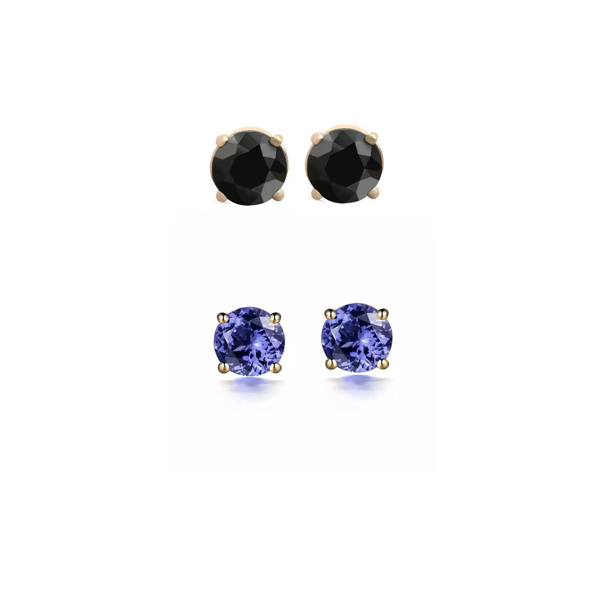 14k Yellow Gold Plated 1Ct Created Black Sapphire and Tanzanite 2 Pair Round Stud Earrings