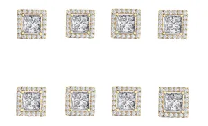 14k Yellow Gold Plated 2Ct Square Cut White Sapphire Set of Four Halo Stud Earrings