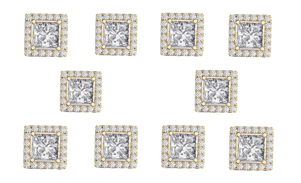 14k Yellow Gold Plated 4mm 1/2Ct Square Cut White Sapphire Set of Five Halo Stud Earrings