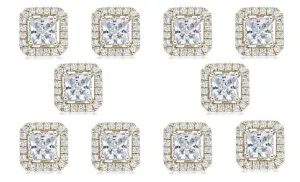 14k Yellow Gold Plated 4mm 1Ct Princess Cut White Sapphire Set of Five Halo Stud Earrings