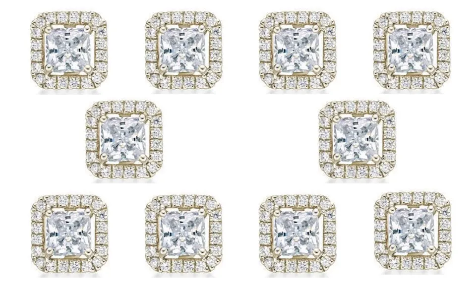 14k Yellow Gold Plated 6mm 3Ct Princess Cut White Sapphire Set of Five Halo Stud Earrings