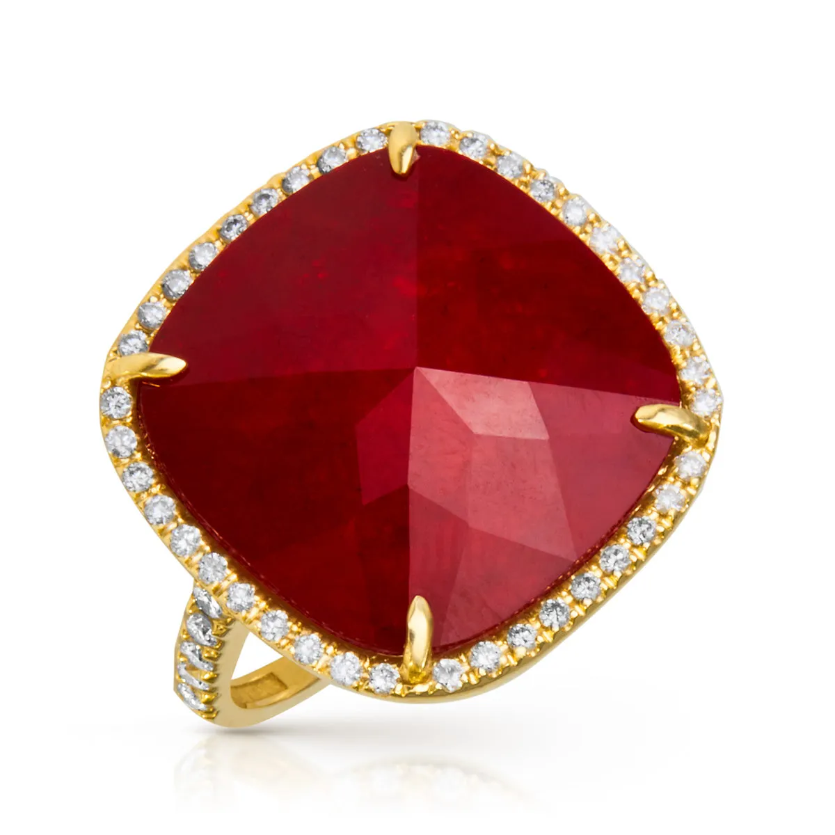 14KT Yellow Gold Diamond Ruby Triplet Cushion Cut Cocktail Ring