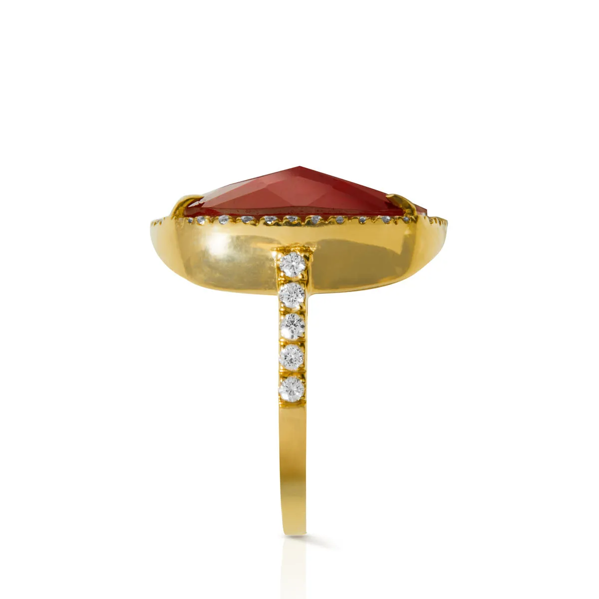 14KT Yellow Gold Diamond Ruby Triplet Cushion Cut Cocktail Ring