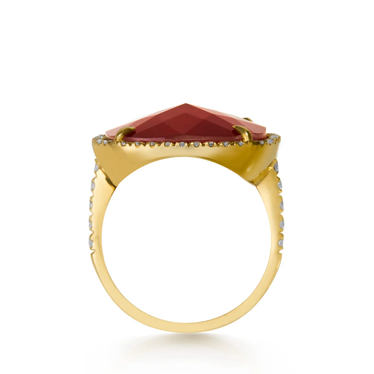 14KT Yellow Gold Diamond Ruby Triplet Cushion Cut Cocktail Ring