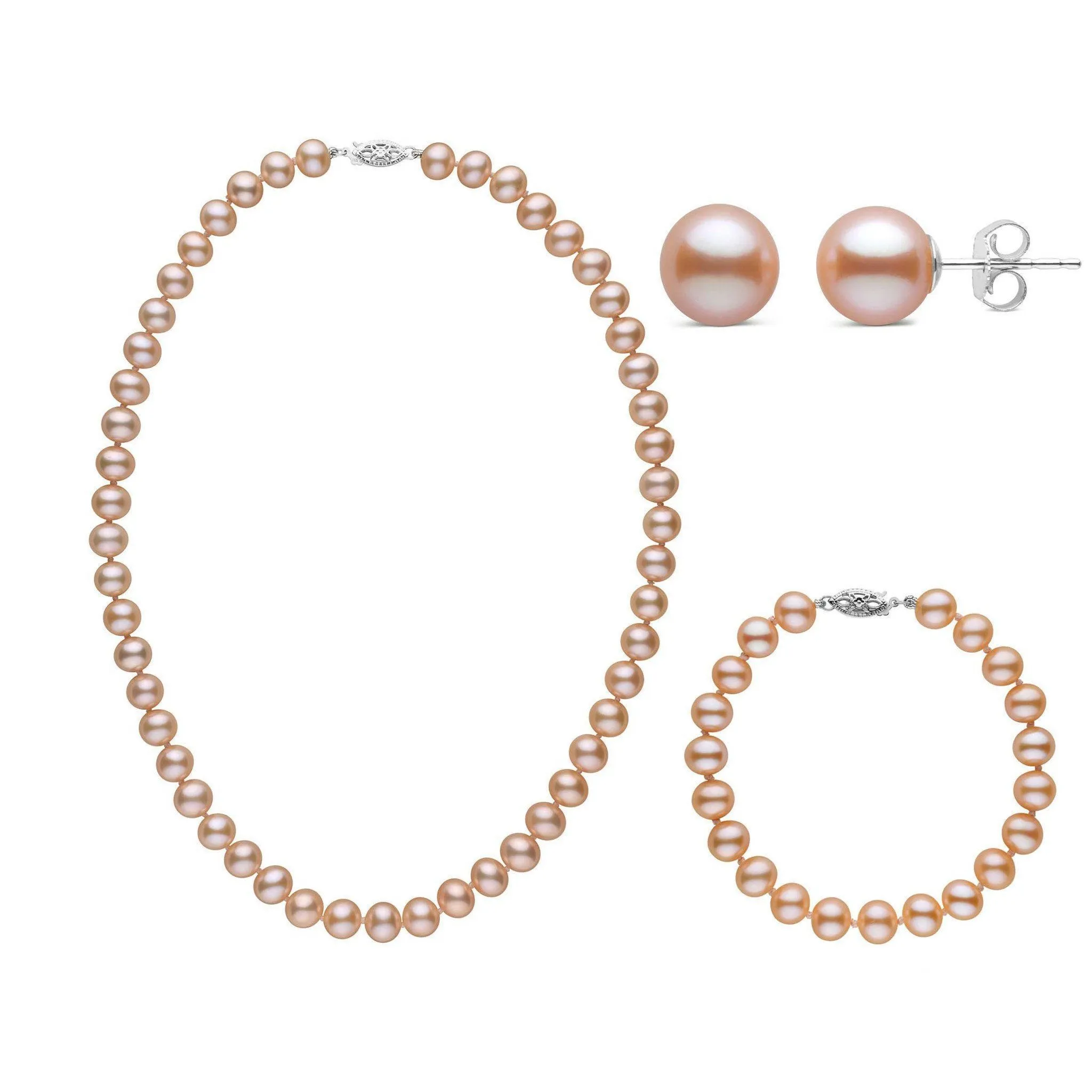 16 Inch 3 Piece Set of 7.5-8.0 mm AA  Pink Freshwater Pearls