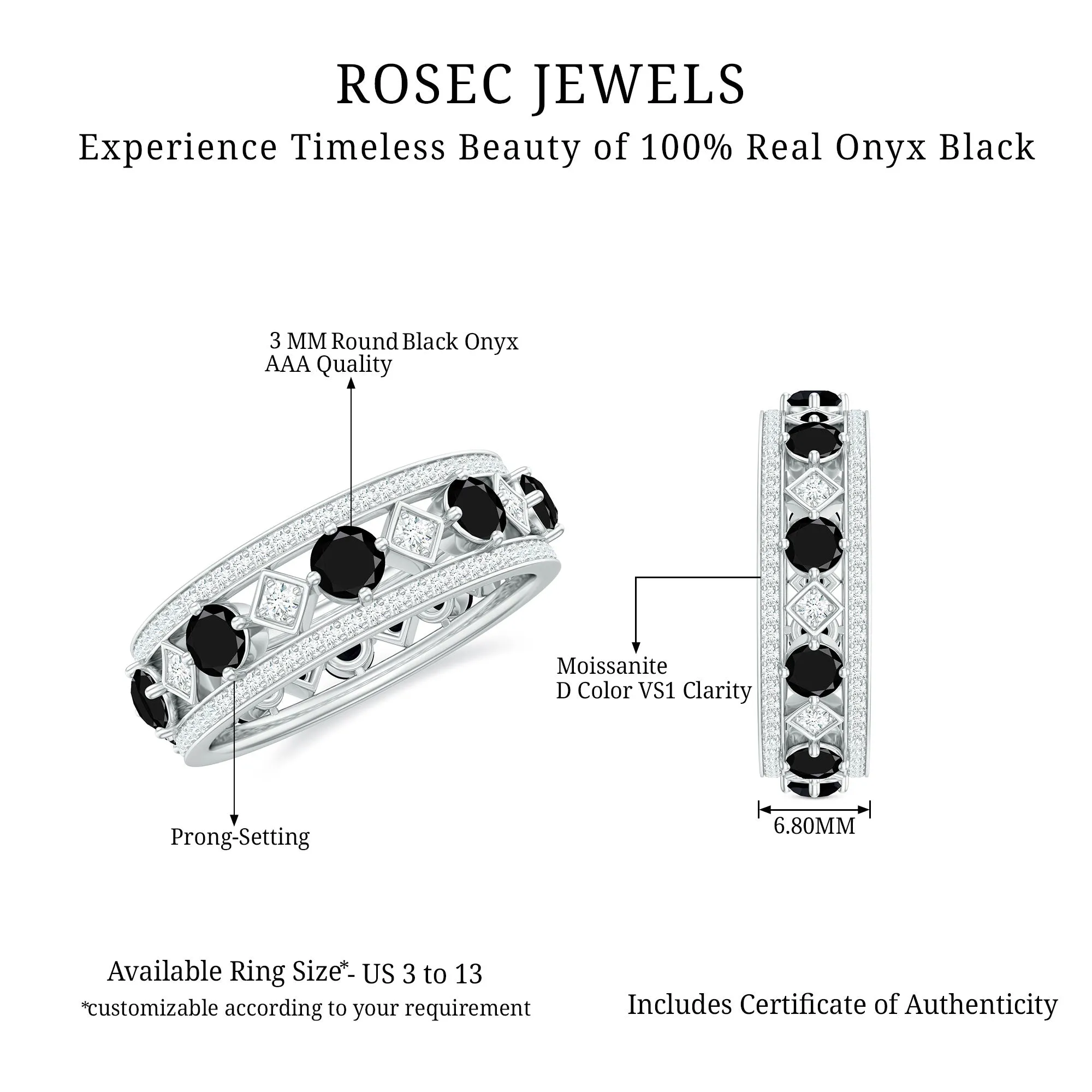 1.75 CT Vintage Black Onyx and Moissanite Wedding Band