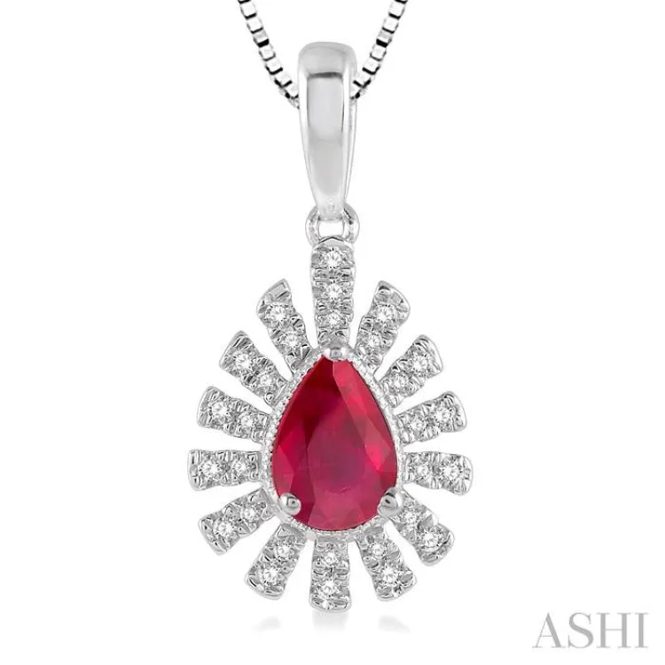 1/8 Ctw Bar Accent Pear Shape 6x4 MM Ruby & Round Cut Diamond Precious Pendant With Chain in 10K White Gold