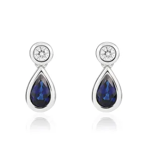 18ct White Gold Pear Shaped Sapphire & Round Diamond Two Stone Earrings