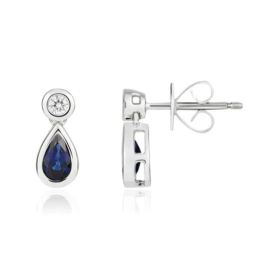 18ct White Gold Pear Shaped Sapphire & Round Diamond Two Stone Earrings