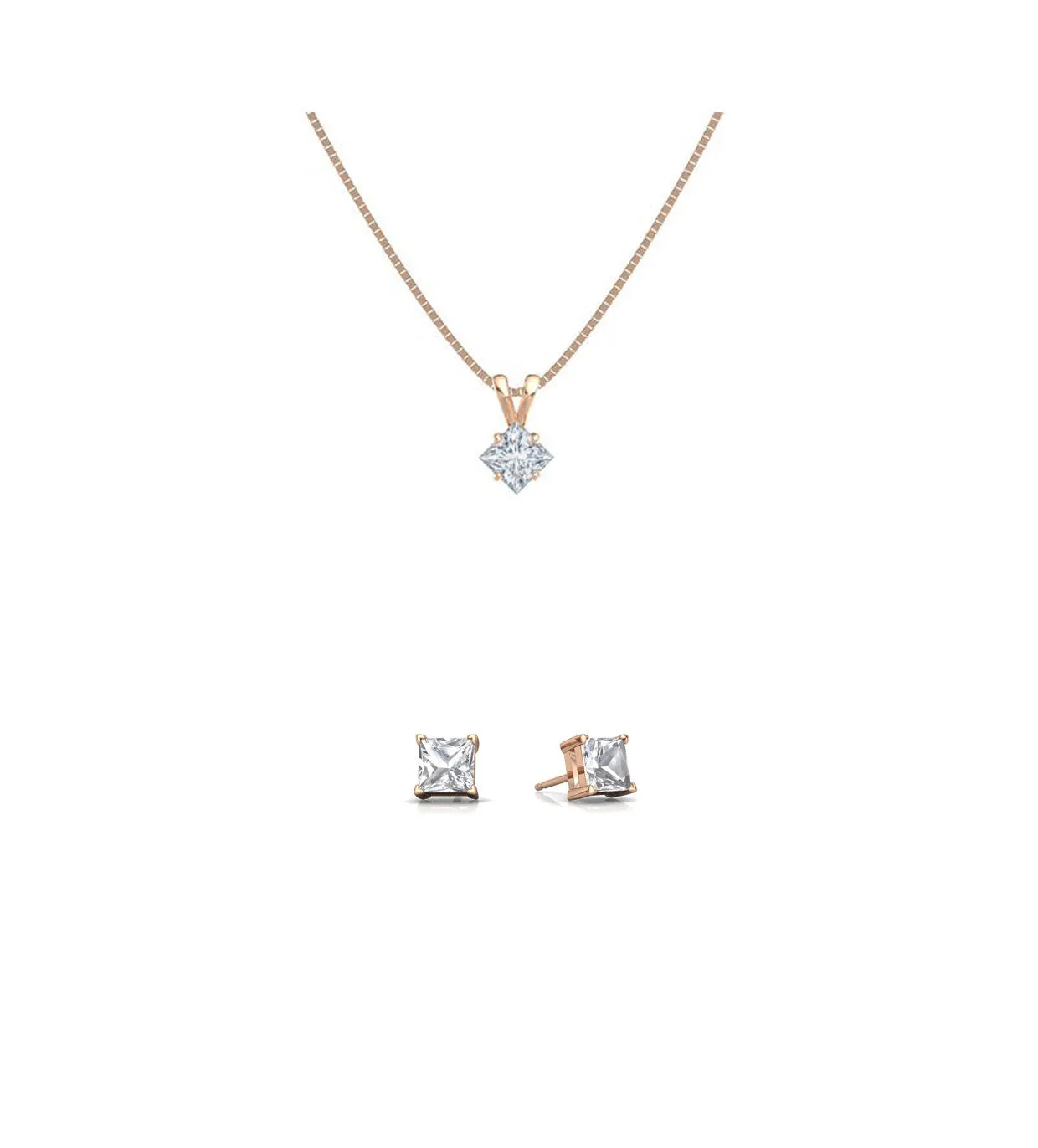 18K Rose Gold 1ct White Sapphire Square 18 Inch Necklace and Earrings Set Plated