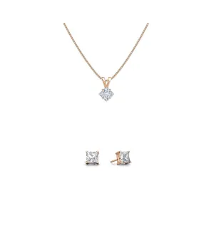 18K Rose Gold 1ct White Sapphire Square 18 Inch Necklace and Earrings Set Plated