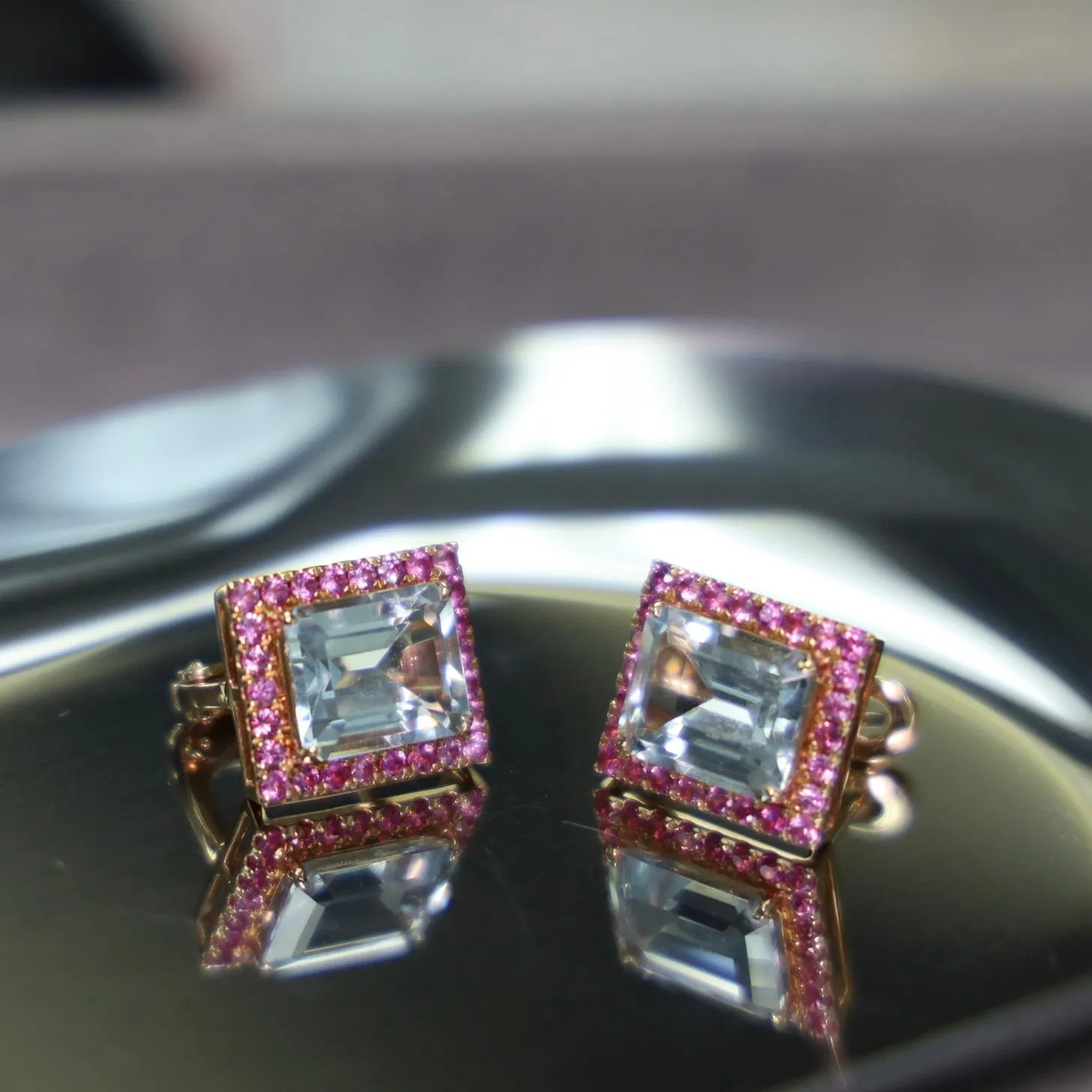 18K Rose Gold Aquamarine & Pink Sapphire Earrings