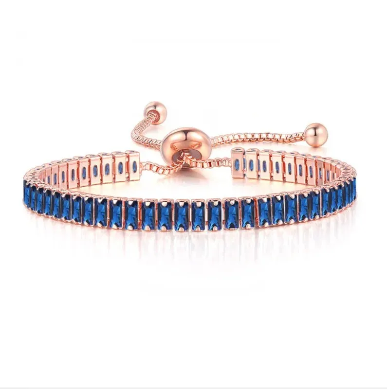 18K Rose Gold Created Blue Sapphire Princess Halo Pendant Necklace, Earrings and Tennis Bracelet Jewelry Set Plated