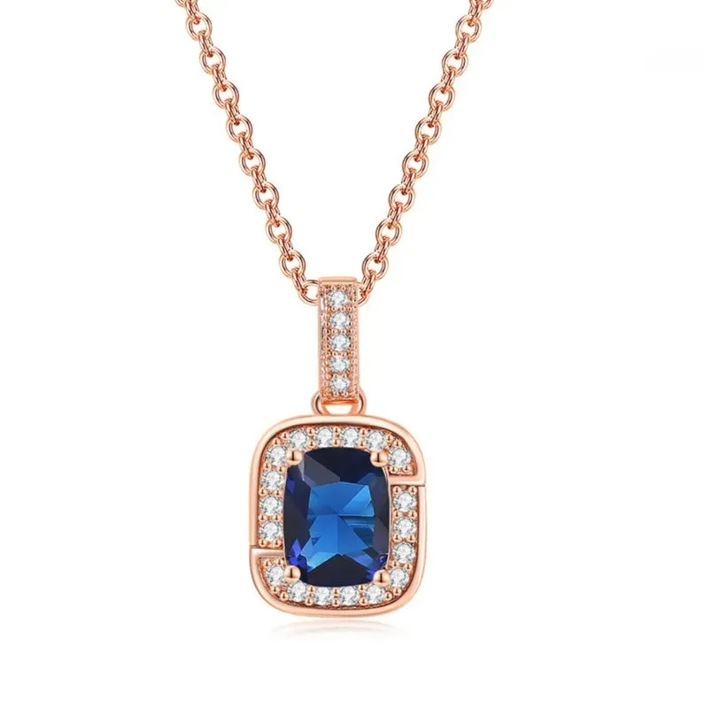 18K Rose Gold Created Blue Sapphire Princess Halo Pendant Necklace, Earrings and Tennis Bracelet Jewelry Set Plated