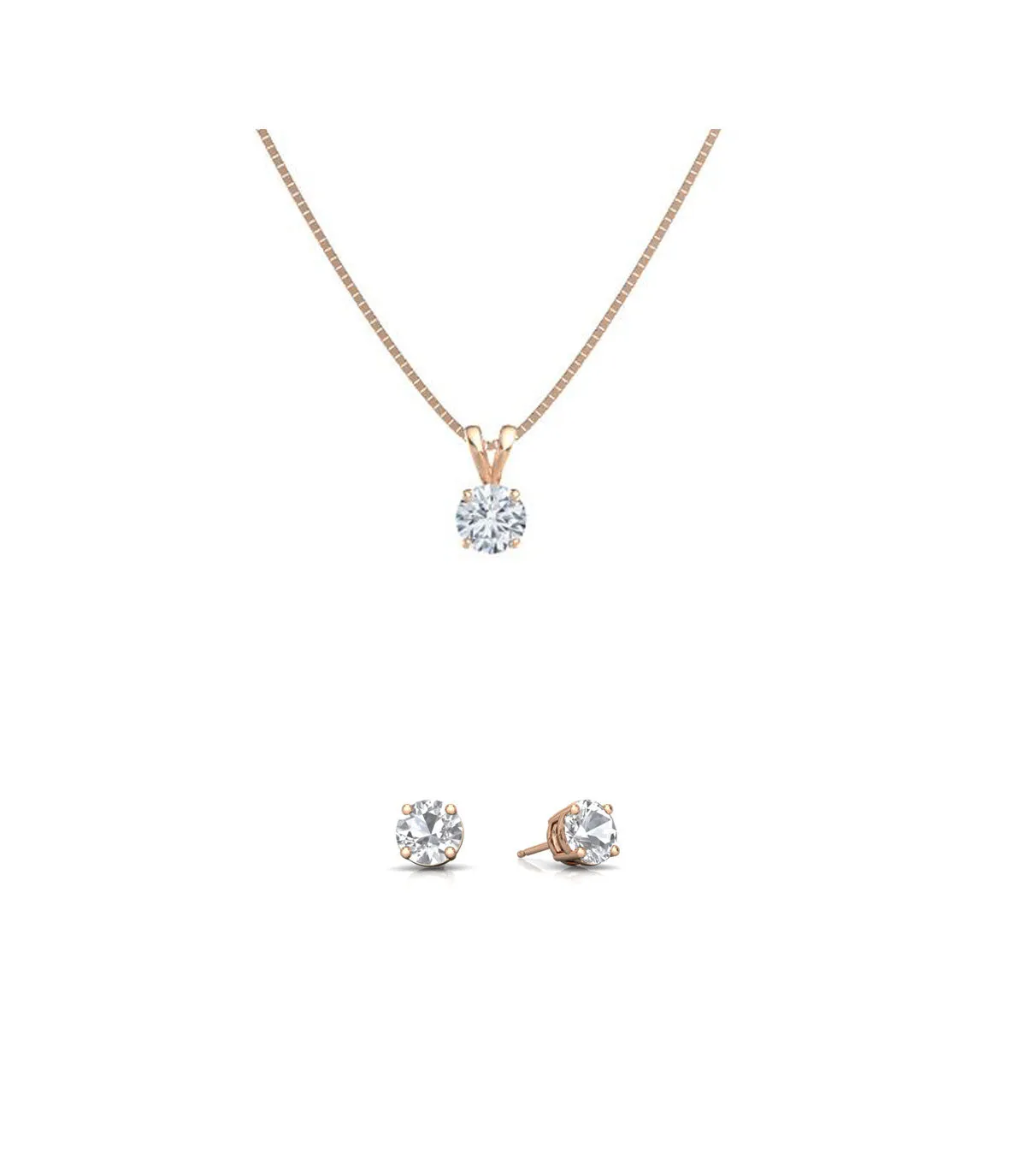 18K Rose Gold Round 2ct White Sapphire Round 18 Inch Necklace and Earrings Set Plated