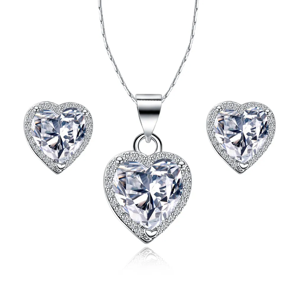 18k White Gold Plated Heart 1 Carat Created White Sapphire Full Set Necklace 18 inch