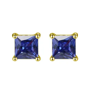 18k Yellow Gold Plated 1/4 Carat Princess Cut Created Blue Sapphire Stud Earrings 4mm