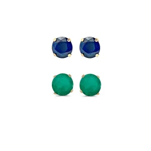 18k Yellow Gold Plated 1Ct Created Blue Sapphire and Emerald 2 Pair Round Stud Earrings