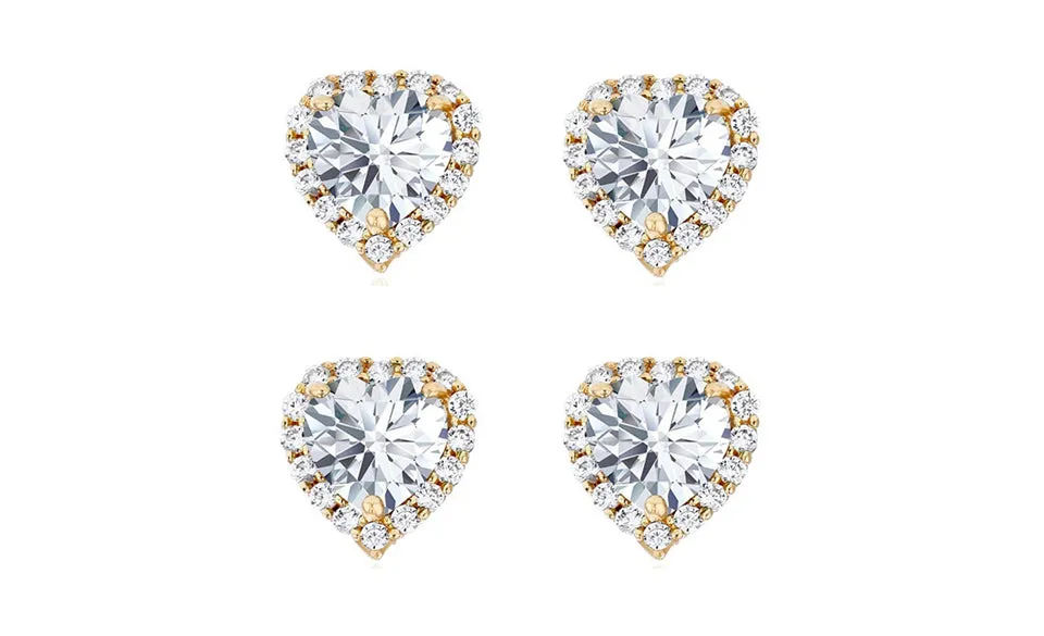 18k Yellow Gold Plated 3Ct Heart White Sapphire Set of Two Halo Stud Earrings