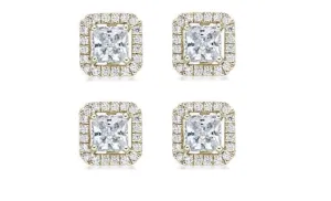 18k Yellow Gold Plated 6mm 2Ct Princess Cut White Sapphire Set of Two Halo Stud Earrings