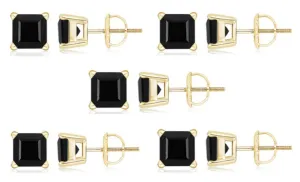 18k Yellow Gold Plated Created Black Sapphire 4Carat Square Cut Pack of Five Stud Earrings